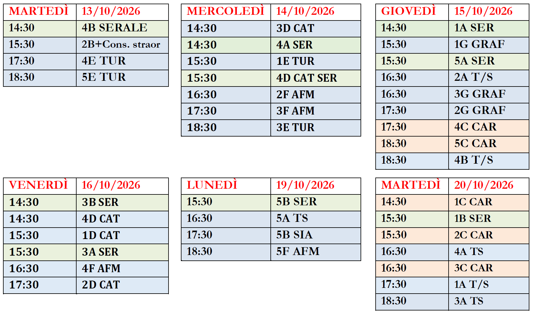 Calendario Consigli di Classe 13-20 ottobre 2026